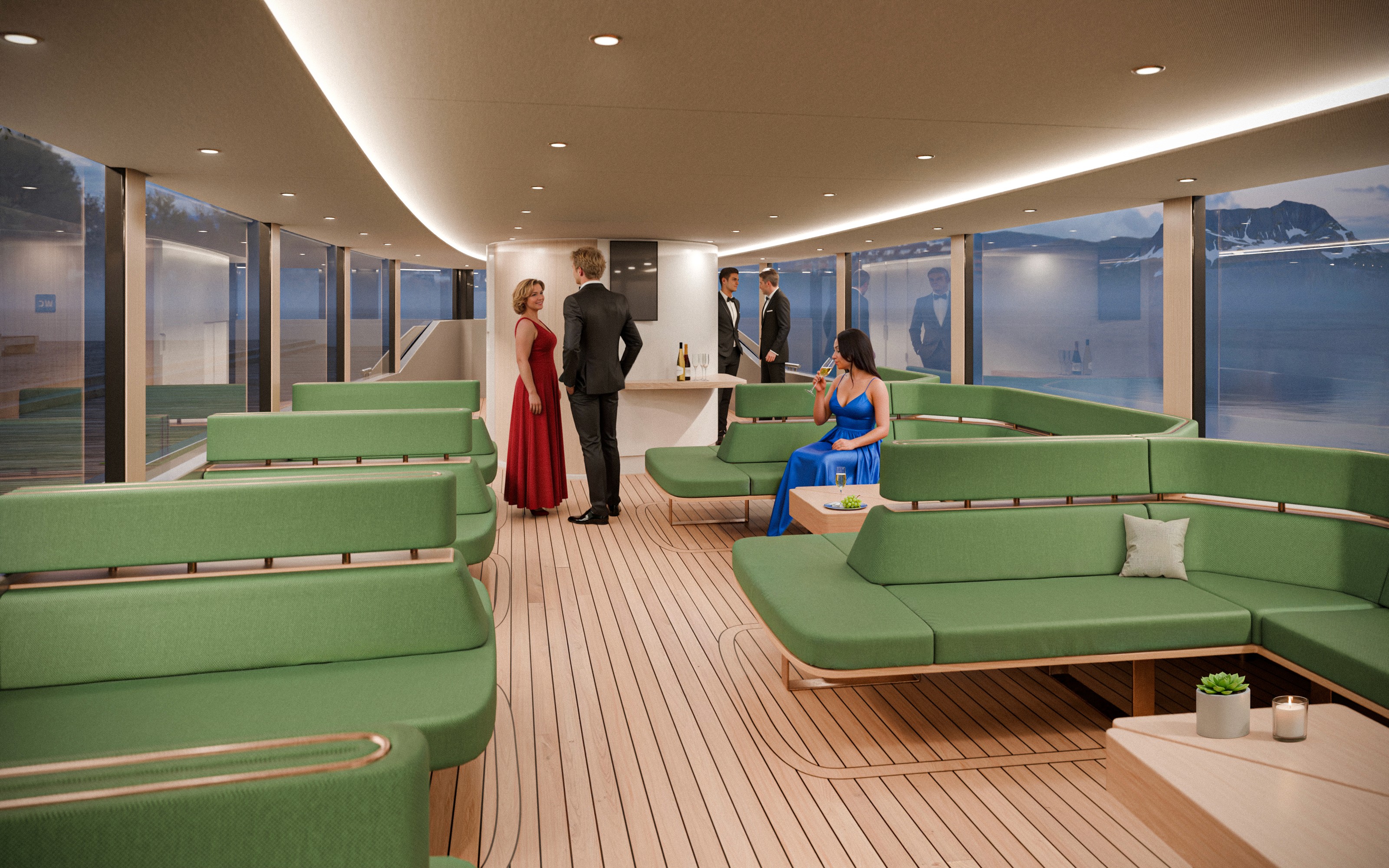 A 3D visual of an interior of a luxury ferry