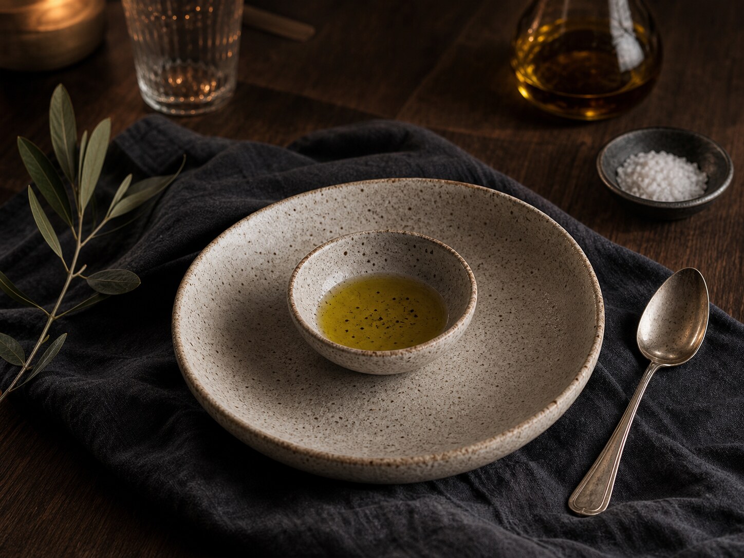Ceramic plate and bowl styled on charcoal linen in a boutique tableware image.