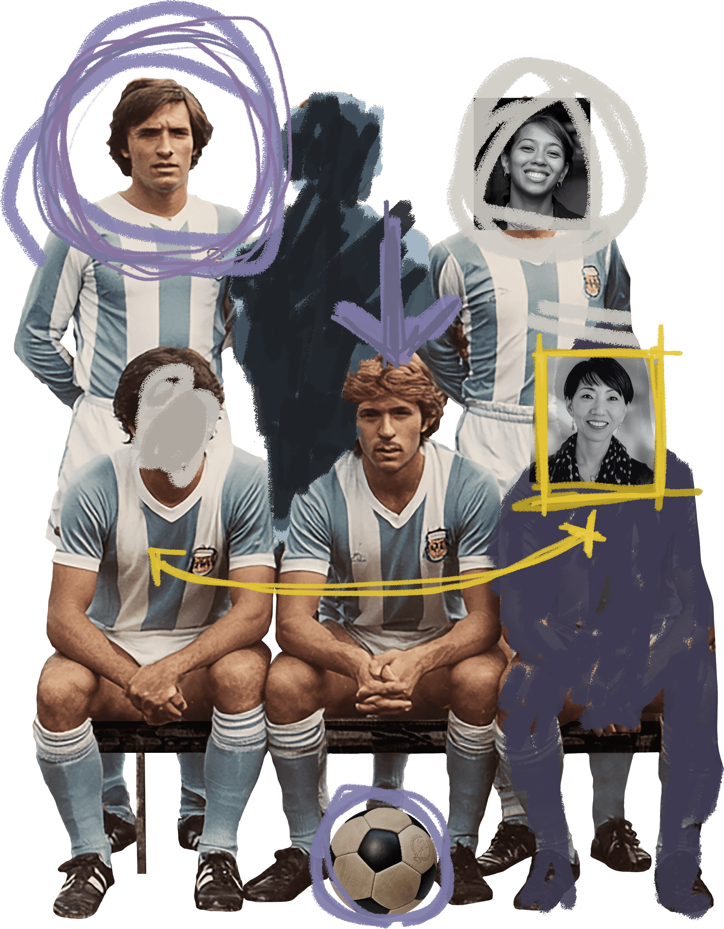 A collage of soccer players and diverse faces, some circled or outlined. A soccer ball sits in the foreground.
