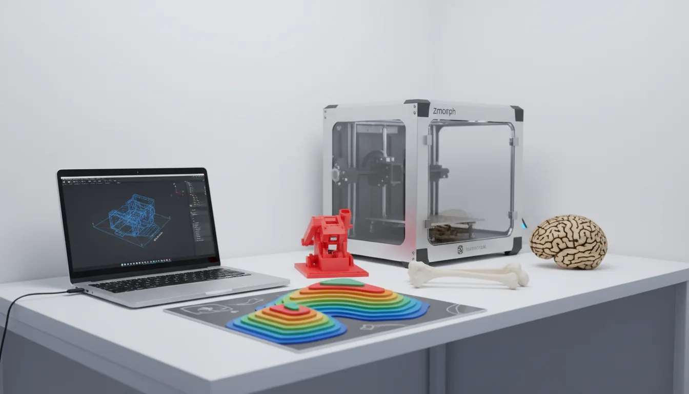 DSLR photography of a modern fabrication workshop, soft studio lighting. A white desk displays a collection of digitally fabricated items. In the background, a Zmorph 3D printer with a metal frame and clear acrylic enclosure. A silver laptop on the left shows 3D modeling software with a dark mode interface and a blue wireframe model. In the foreground, a vibrant rainbow-colored topographical map, a bright red mechanical model, 3D printed bones, and a laser-cut wooden brain puzzle are neatly arranged. Sharp focus on the objects, clean white background, creating a professional and technical atmosphere.
