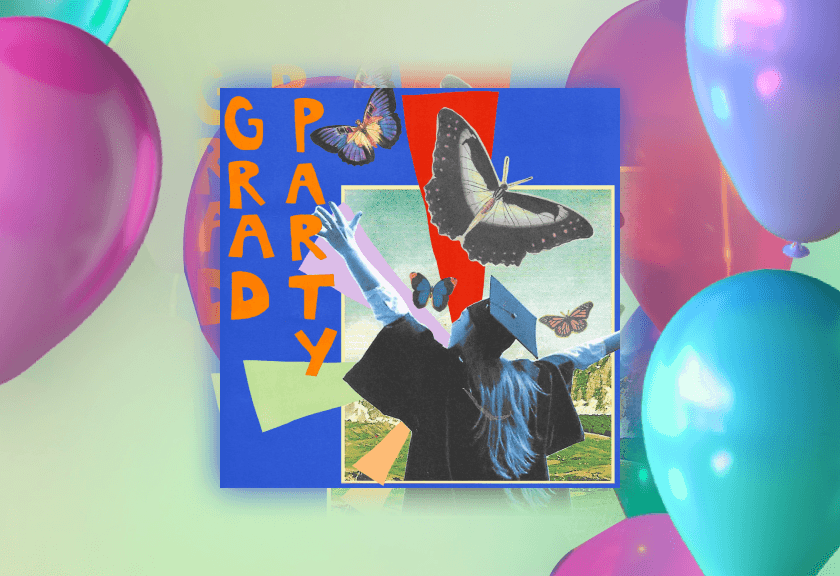 Playful and colorful collage-style graduation invitation with balloons, bold letters spelling “Grad Party,” and student photos.