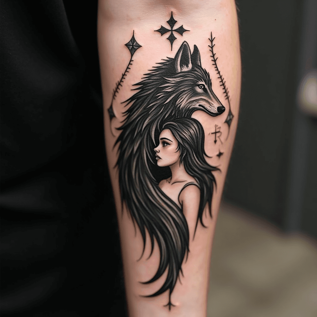  AI-generated wolf and beauty tattoo design