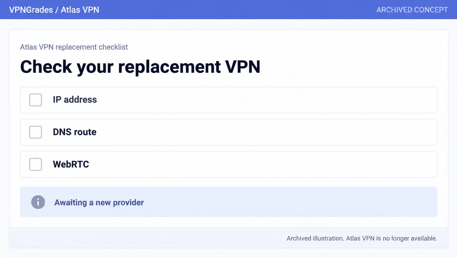 Atlas VPN: a privacy-check preparation panel (illustration).