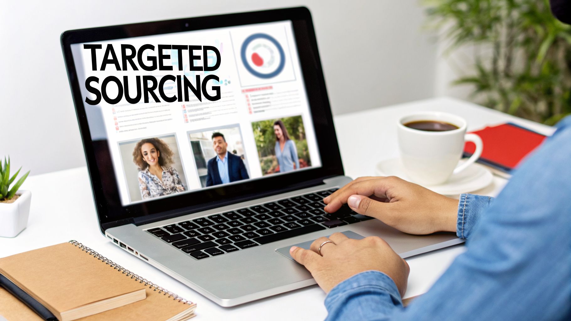 A person uses a laptop displaying 'TARGETED SOURCING', candidate profiles, and charts.