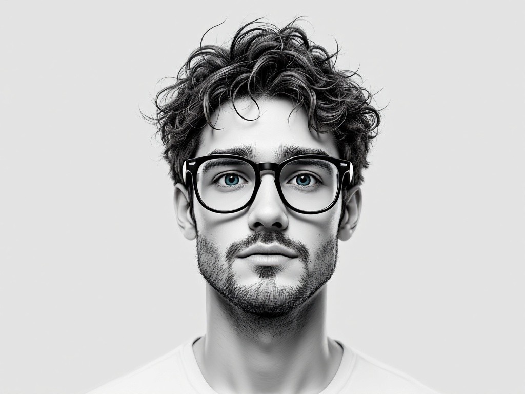 A man with curly hair and glasses looking at the camera