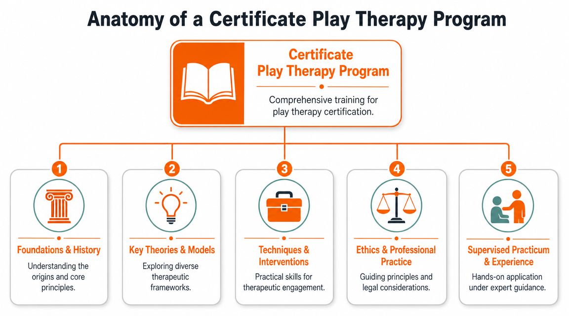 A diagram outlining the five core components of a comprehensive professional certificate play therapy training program.