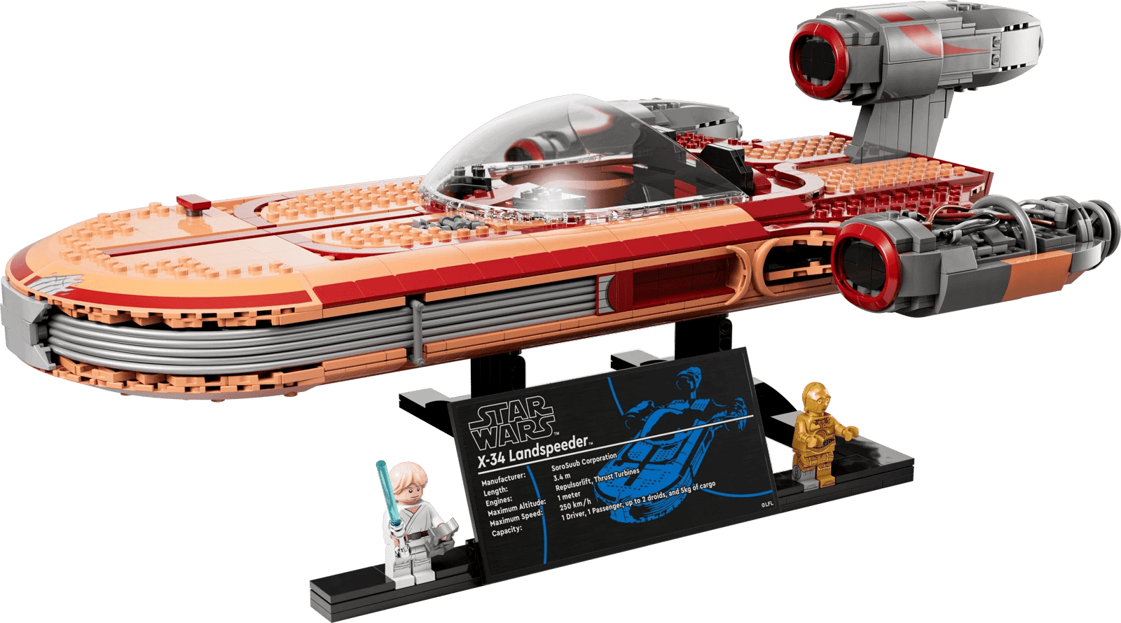 LEGO® Luke Skywalkers Landspeeder™ (sett 75341) - ferdigbygd oransje svevebil på stativ med to minifigurer, Brikkenerd