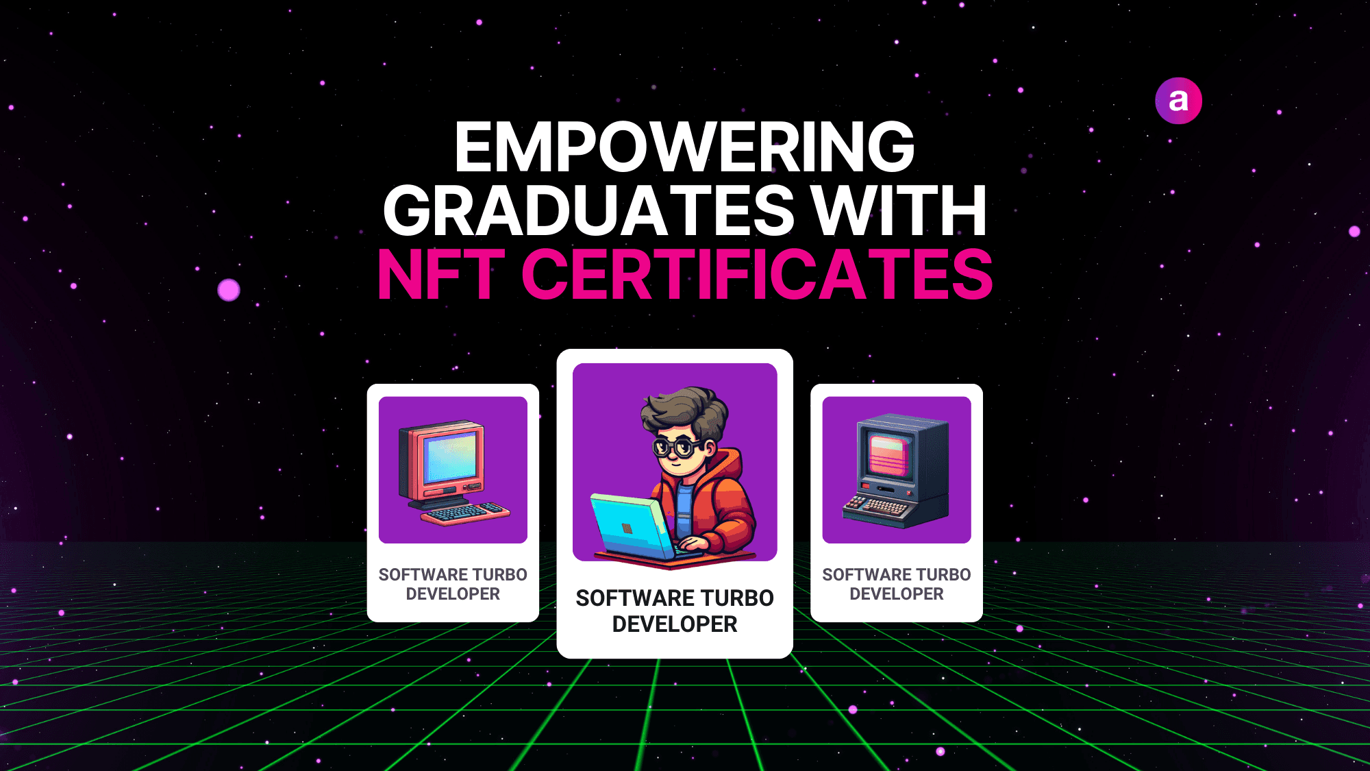 Retro videogame style background with three cards displaying a cartoon person coding, a computer, and a vintage computer, with the title: Empowering graduates with NFT certificates