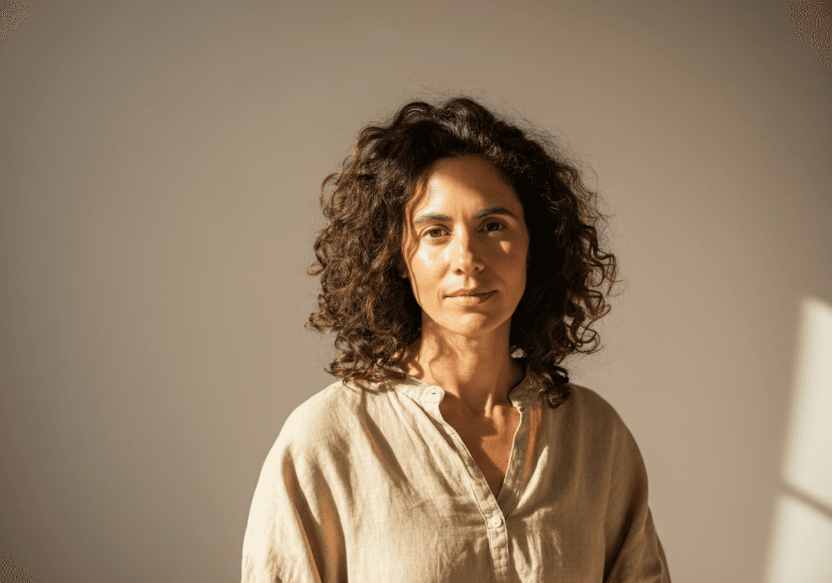 A woman with curly dark hair and a beige shirt stands in soft natural light, creating a serene and minimalistic portrait. professional neutral portrait photo for profile or avatar use .clean, neutral office avatar photo with natural light and simple background