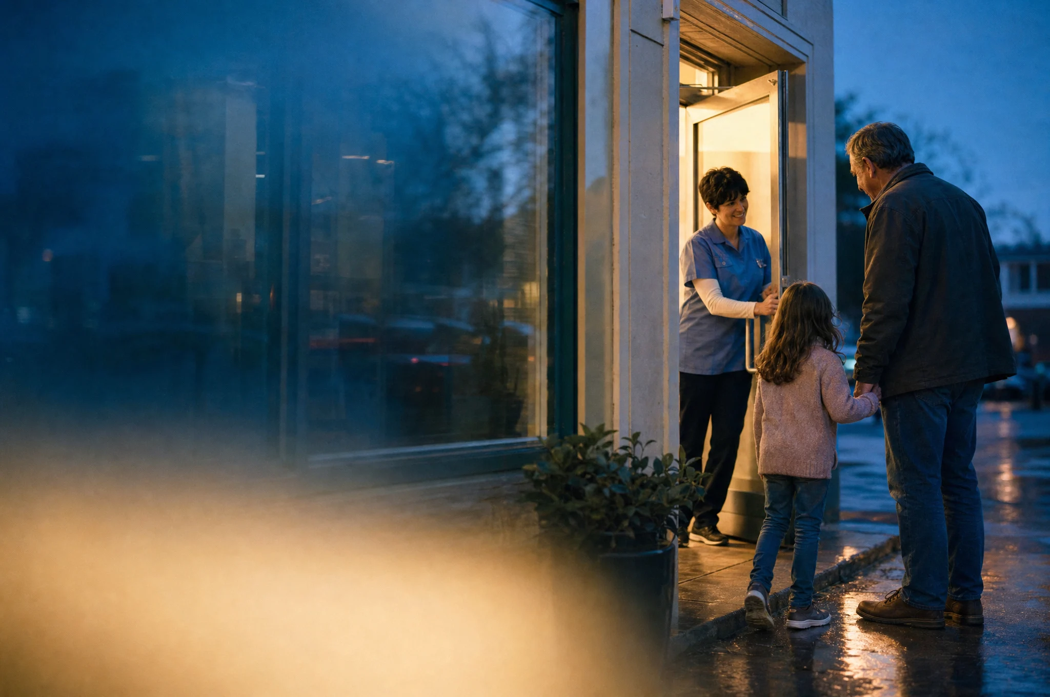 A clinician says goodbye to a parent and child at the clinic door