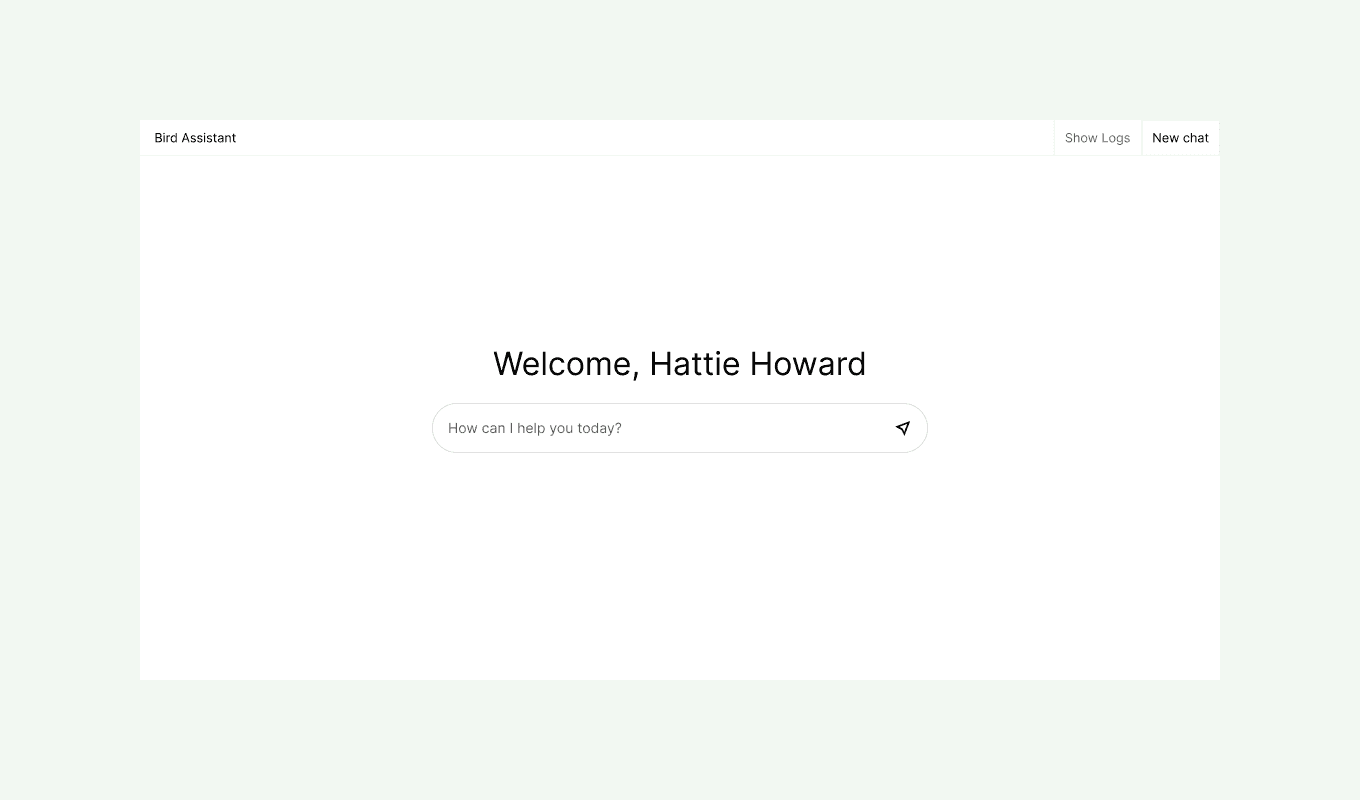 Une interface numérique affichant un message de bienvenue, avec une barre de recherche en dessous, représentant un assistant IA conçu pour une interaction utilisateur personnalisée.
