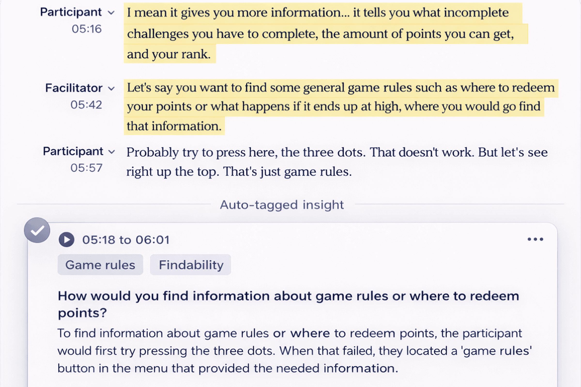 AI auto-tagging in a research transcript, highlighting quotes, and generating insight cards.