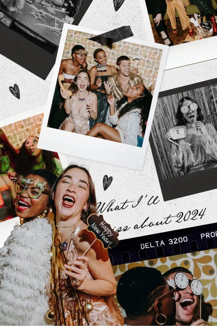 New Year's scrapbook-style card template with Polaroid party photos and 'What I'll miss about 2024' handwritten text