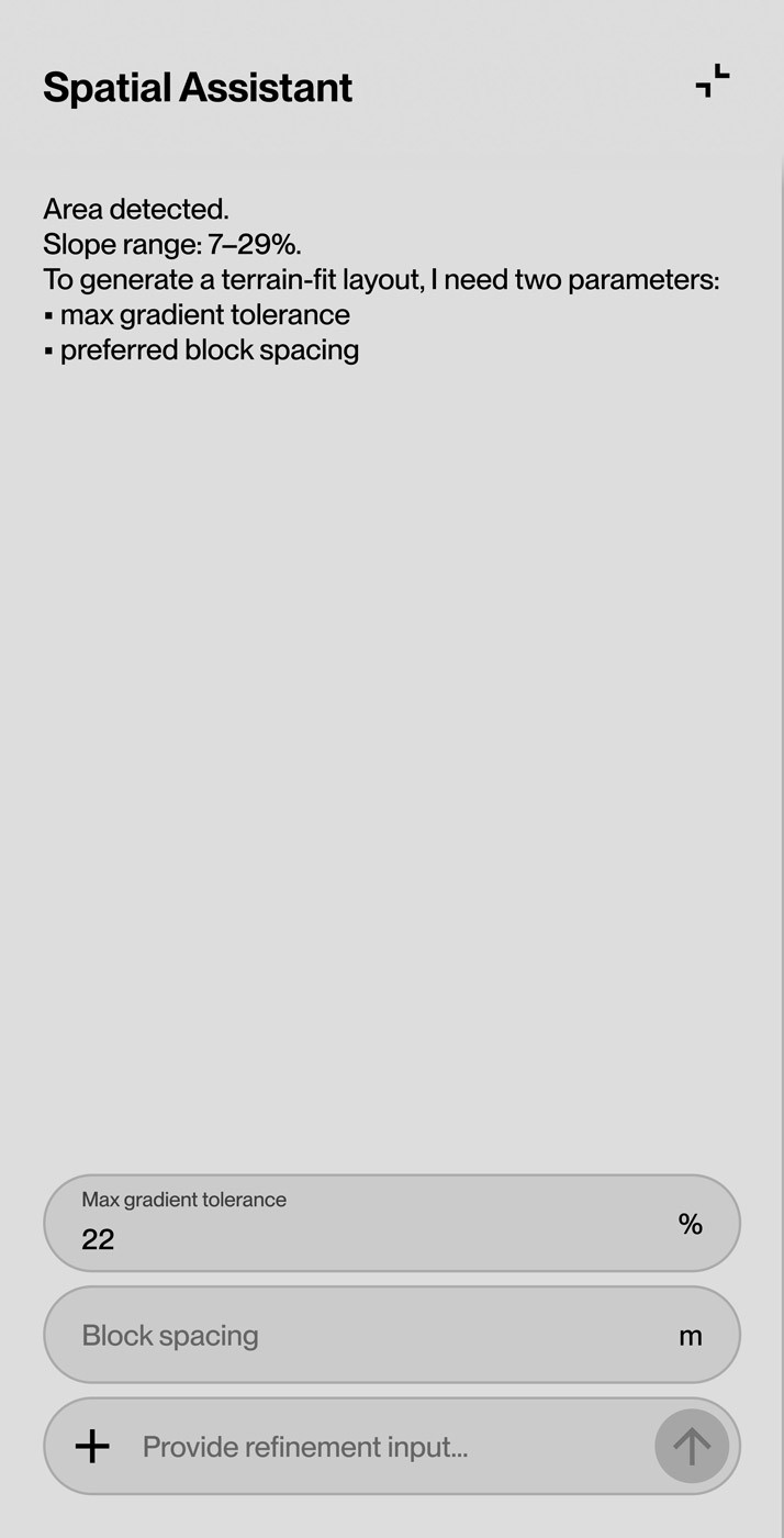 AI-driven assistant prompting for structured parameters and supporting decision-making in a spatial planning workflow.