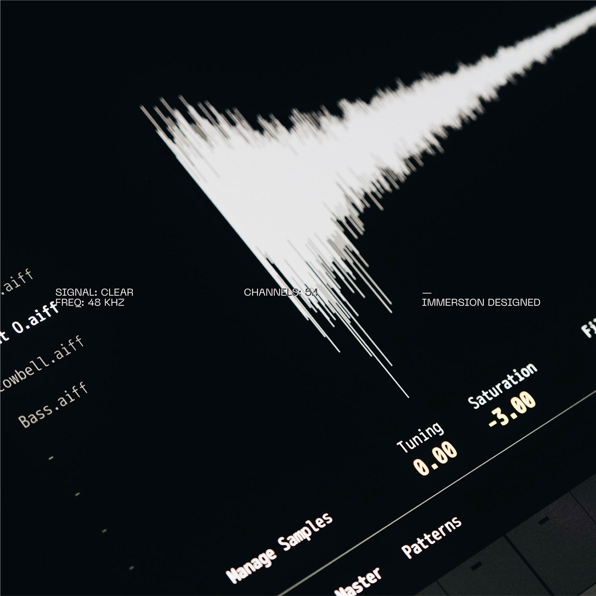 A black and white image showcasing a detailed digital audio waveform displayed on a screen, with visible text indicating signal clarity and frequency at 48 kHz, set against a dark interface with options for managing samples, tuning, and saturation.