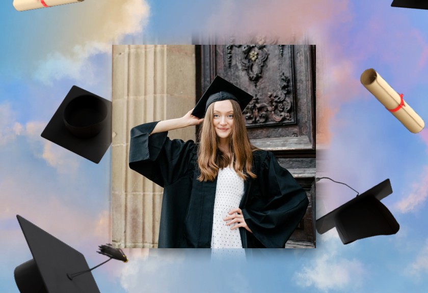 Whimsical graduation party invitation featuring a female graduate in cap and gown surrounded by flying caps, lipsticks, and clouds.