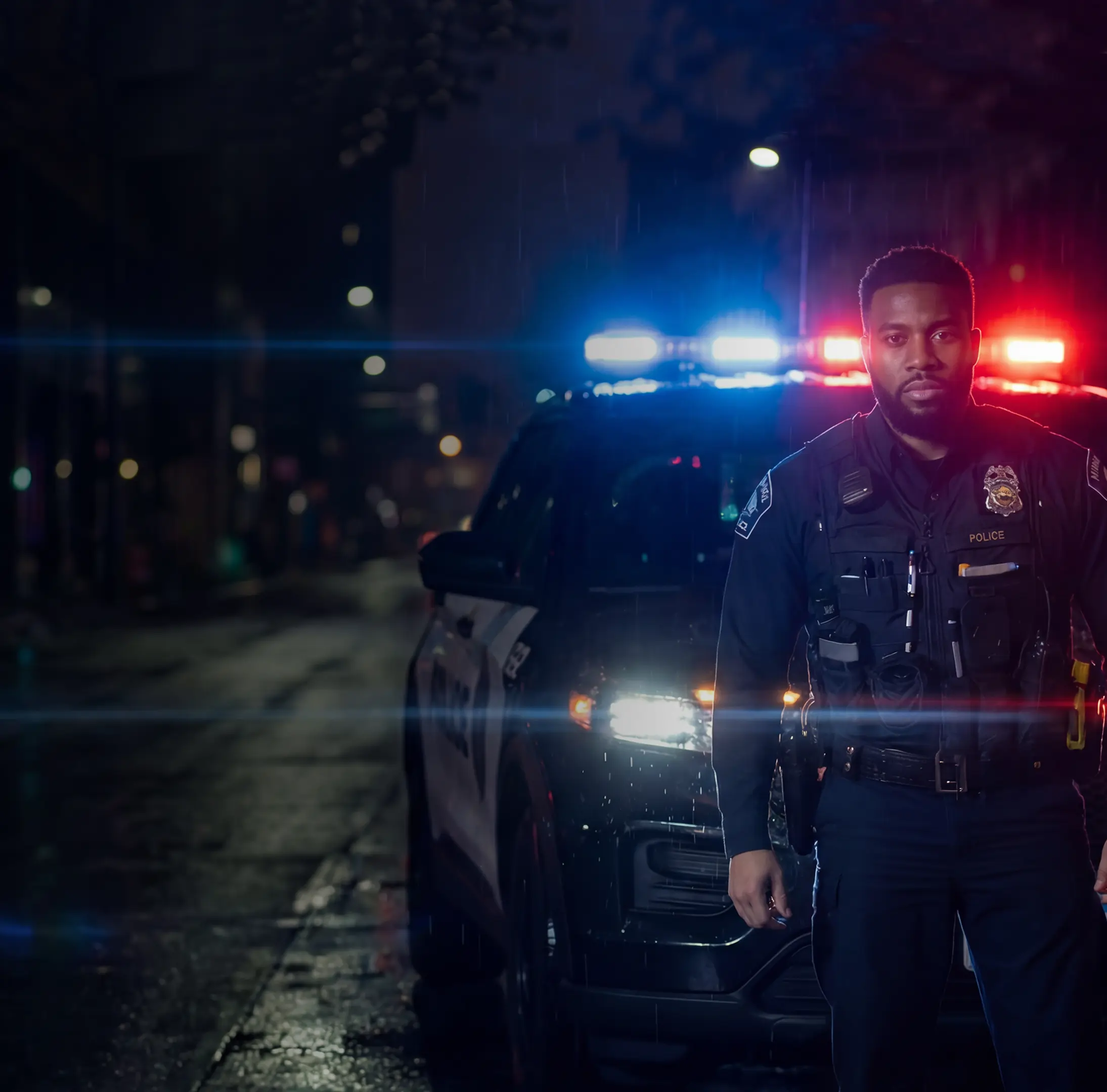Patrol officer using a Guardian Fleet Safety upfit police vehicle on shift
