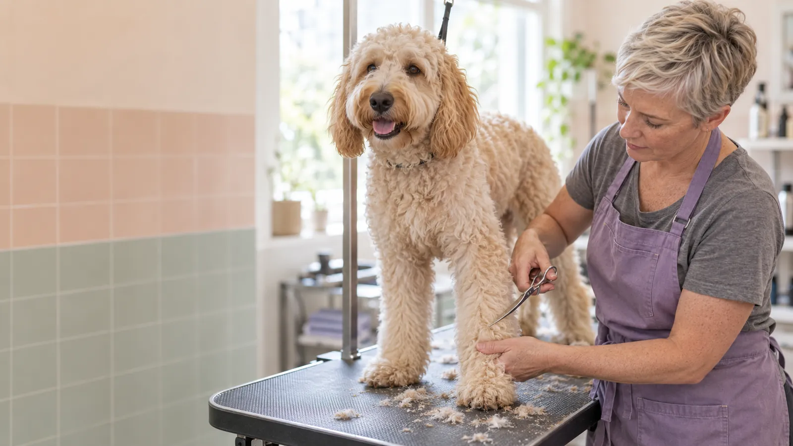 Nell scissoring a doodle on the grooming table in the salon, pastel tiles behind her