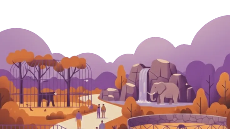 Besucher bewegen sich durch einen Themenpark mit Tiergehegen und Erlebnisbereichen