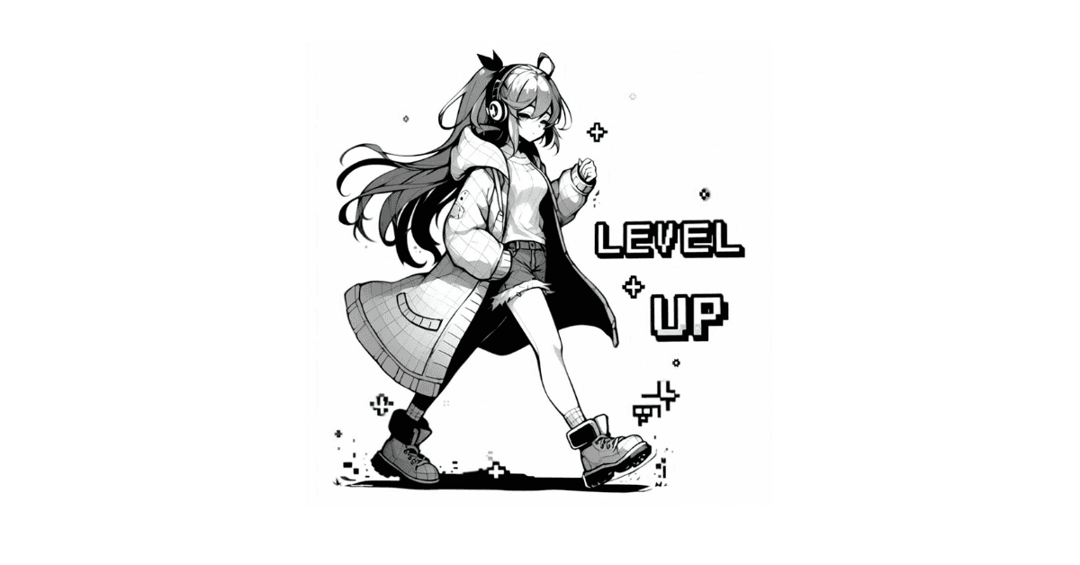 Anime girl walking with a text Level Up near her image