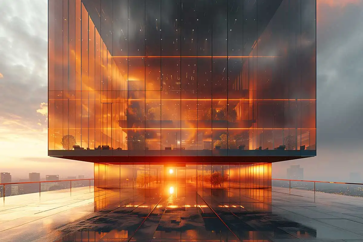 Modern glass building with illuminated interior and reflections at sunset