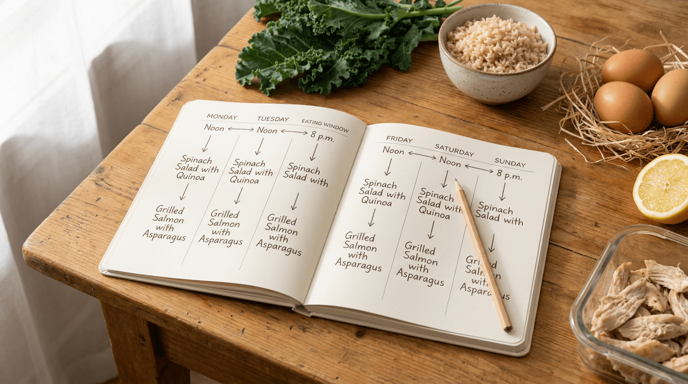 Weekly IF meal planner notebook with fresh ingredients for intermittent fasting
