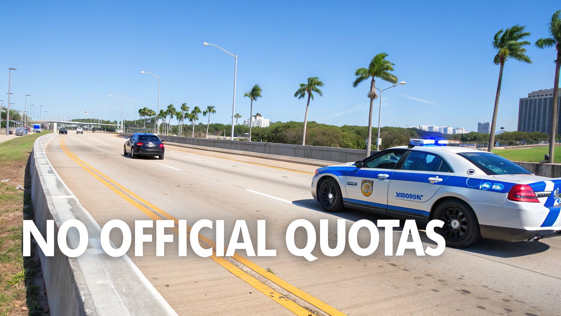 A police car with flashing blue lights on a highway, with palm trees and buildings under a clear sky. Text overlay: NO OFFICIAL QUOTAS.