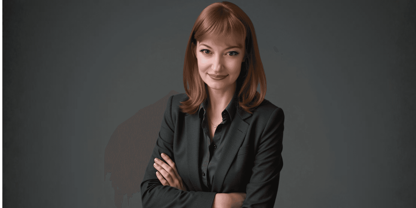 A professional woman in a business suit, standing with arms crossed, against a dark background.