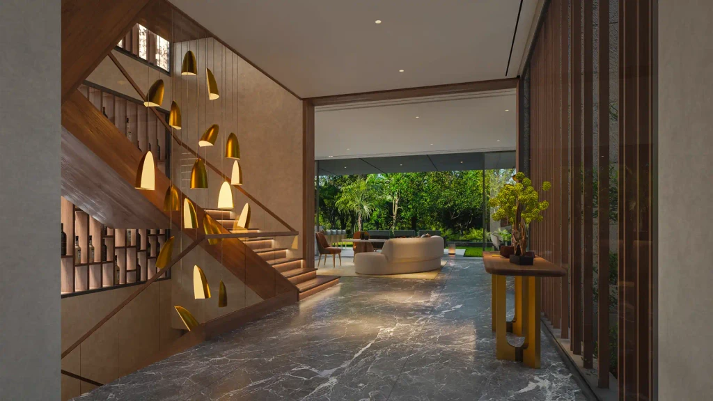 Interior of a contemporary home in Altissima, Dubai, showcasing luxurious marble floors and staircase.