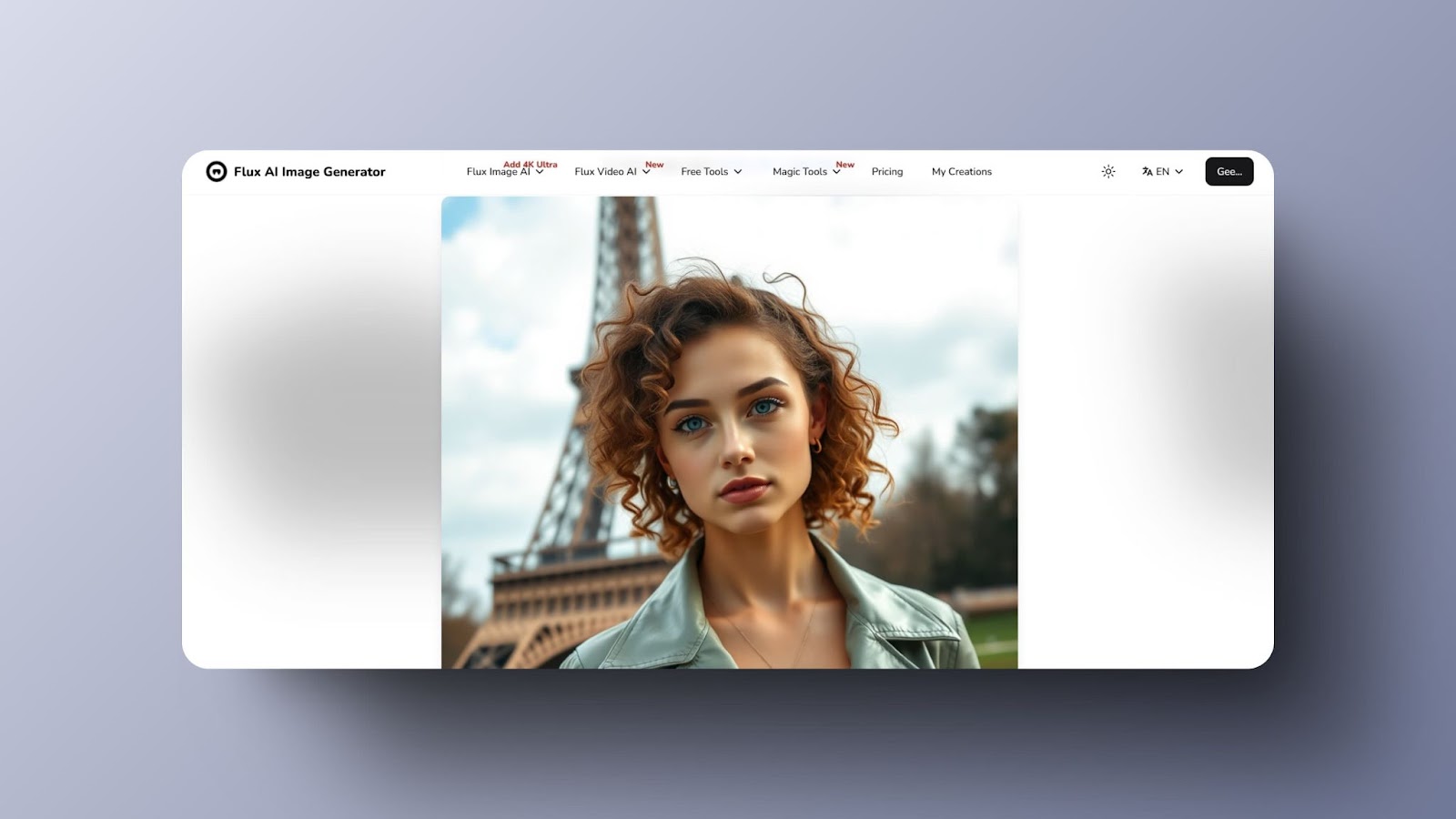 screenshot of Flux AI image generator displaying a portrait of a curly-haired young woman with the Eiffel Tower blurred in the background 