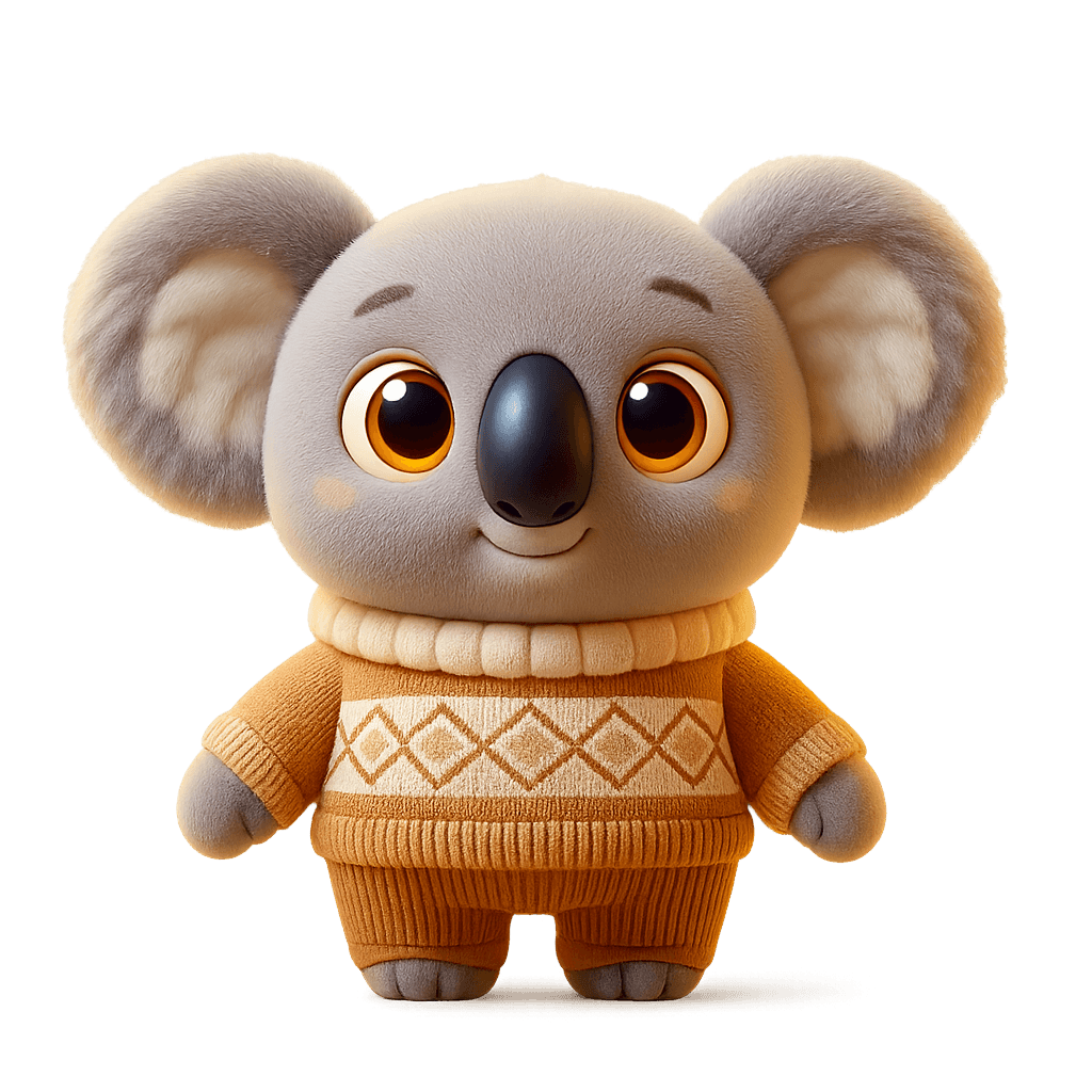 A cute, cartoon-style koala stands facing forward with a gentle smile and large, expressive brown eyes. It has fluffy grey ears, a round black nose, and soft grey fur. The koala is wearing a warm, knitted jumper with a tan and cream diamond pattern and matching ribbed trousers. Its appearance is cosy and comforting, designed to evoke warmth and friendliness.