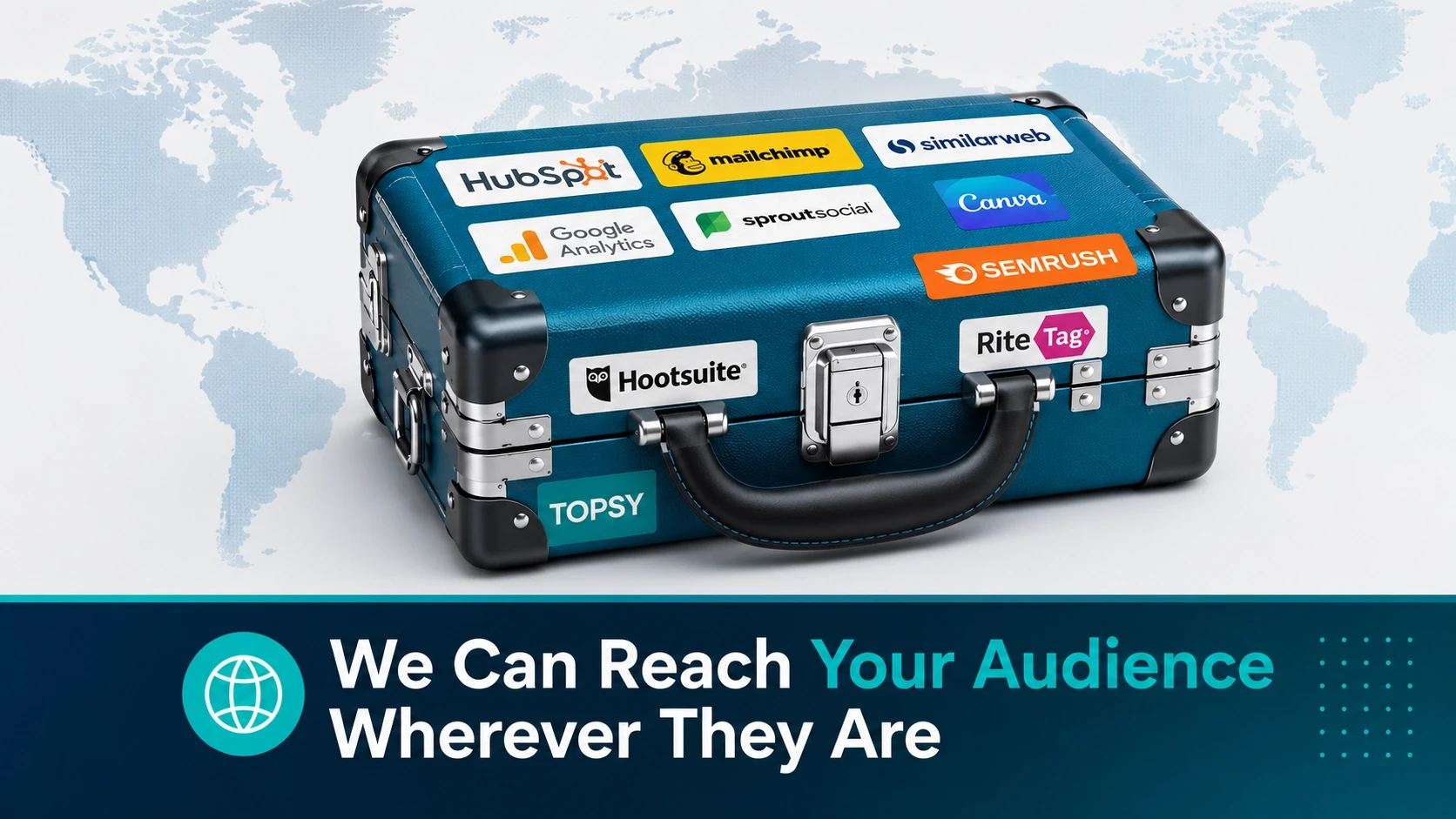 Vintage suitcase covered in digital marketing stickers with text we can reach your audience wherever they are