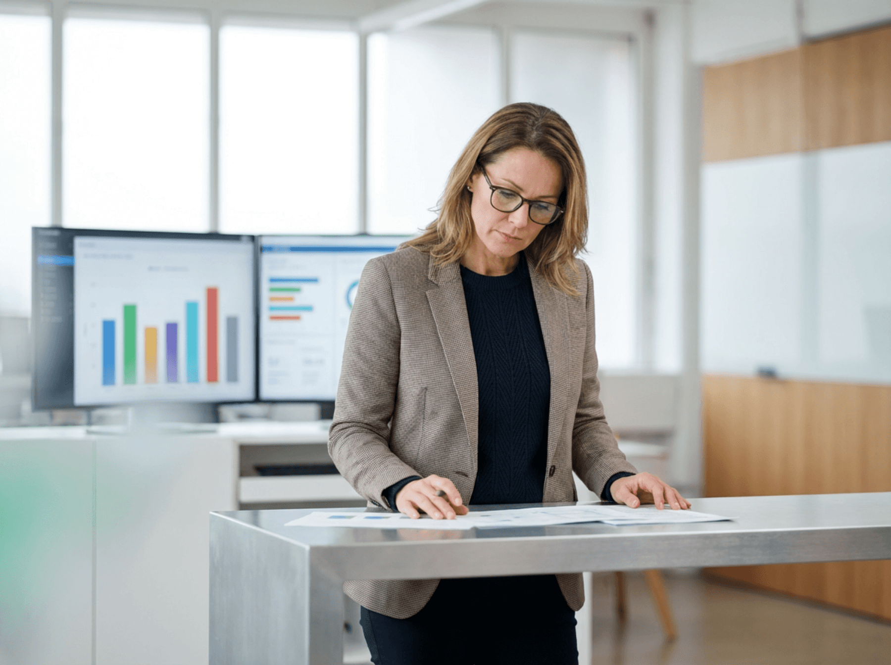 Hospital manager reviewing analytical charts and performance indicators at a standing desk