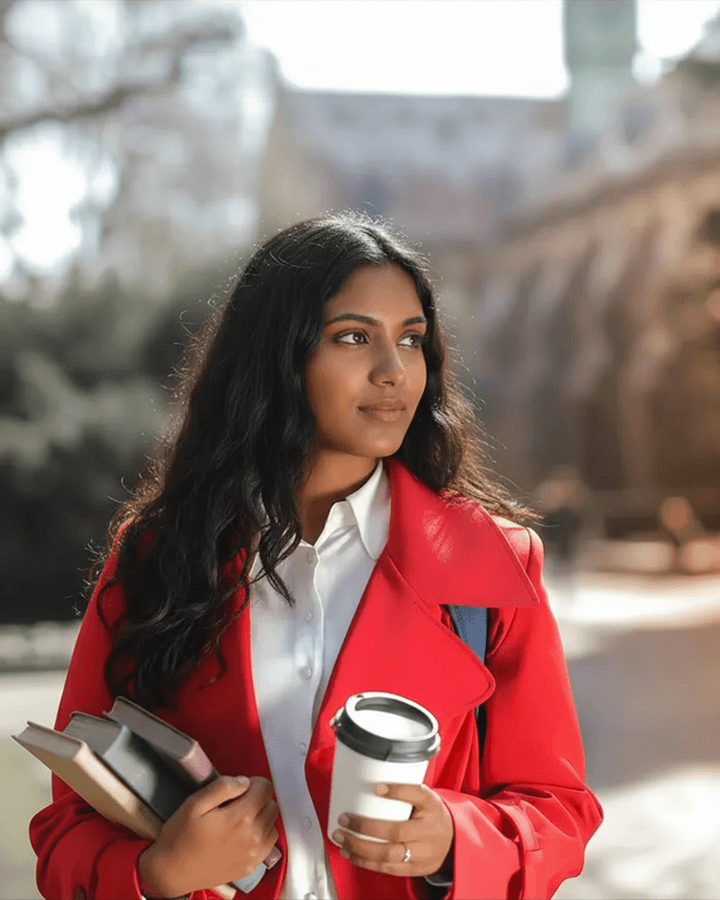 A schoolgirl stands outdoors holding books in one hand and a coffee cup in the other.