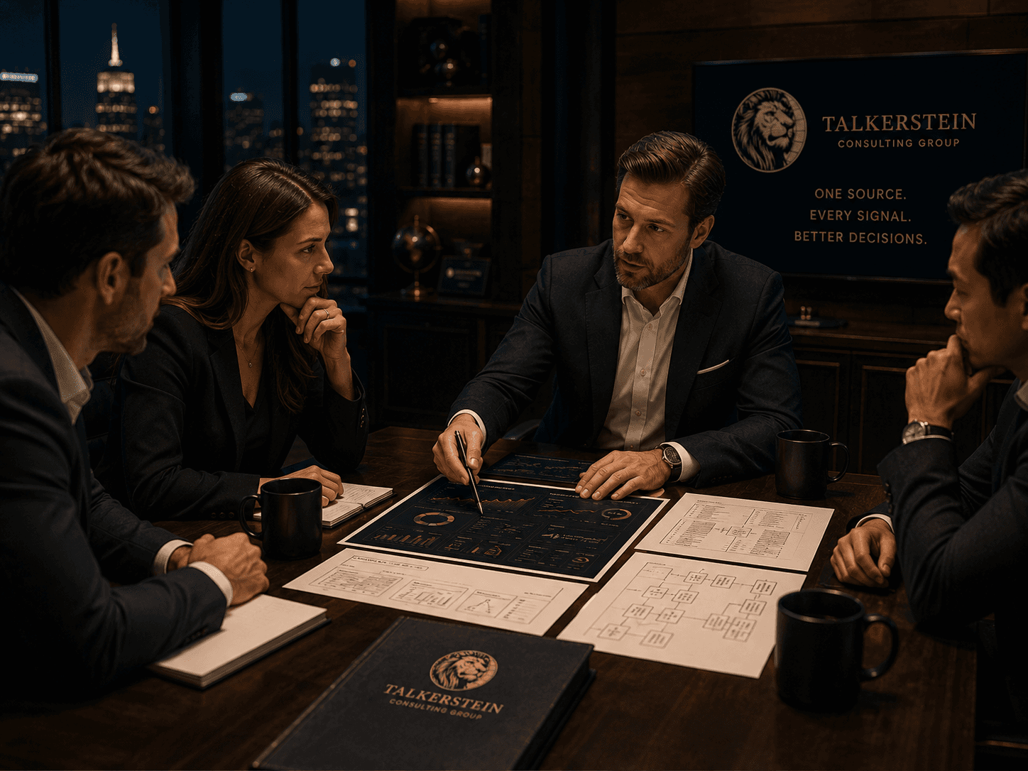 Four executives in a high-end boardroom reviewing printed reporting wireframes and a dark-mode data dashboard on a wooden conference table. In the background, a screen displays the Talkerstein Consulting Group logo with the slogan 'One Source. Every Signal. Better Decisions.' over a night view of the New York City skyline.