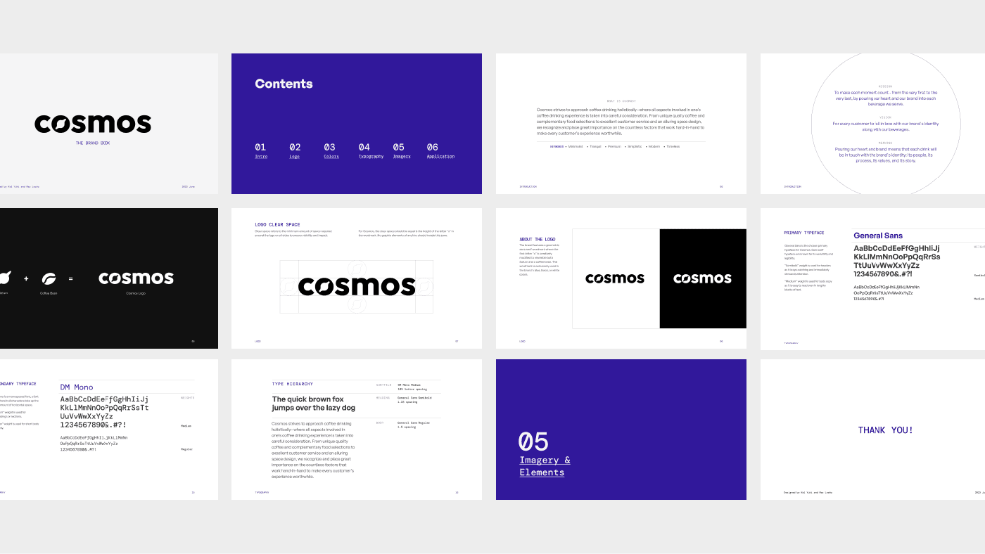 Brand identity system showing typography, color contrast, and layout applications.