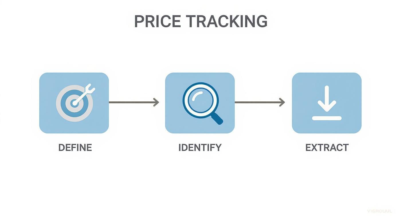 A three-step process for price tracking: Define (target), Identify (magnifying glass), and Extract (download).