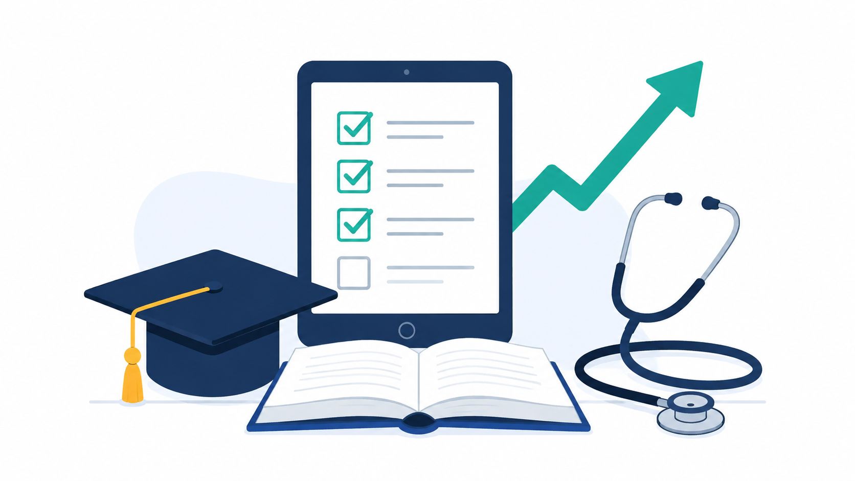 A digital tablet with a checklist, an open book, a graduation cap, and a medical stethoscope.