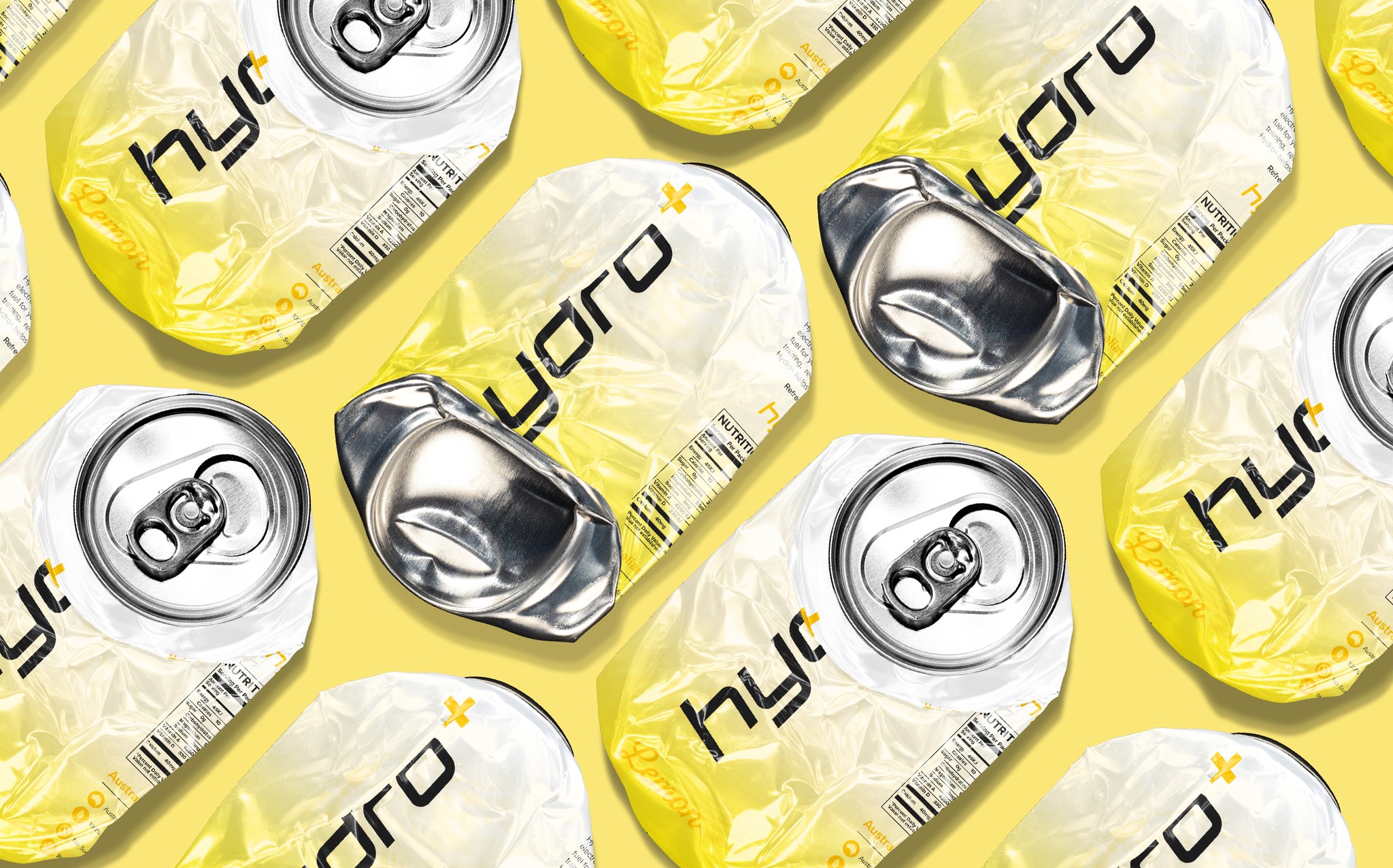 Hydro Plus lemon electrolyte drink cans with playful crushed packaging pattern.