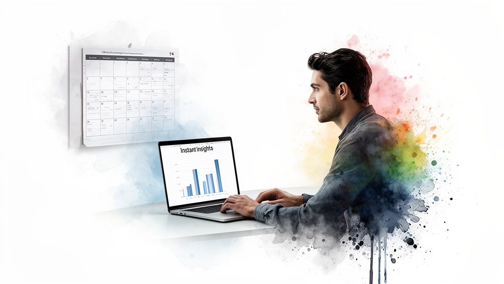 Man analyzing data on a laptop displaying 'Instant Insights', with a calendar and colorful watercolor art.