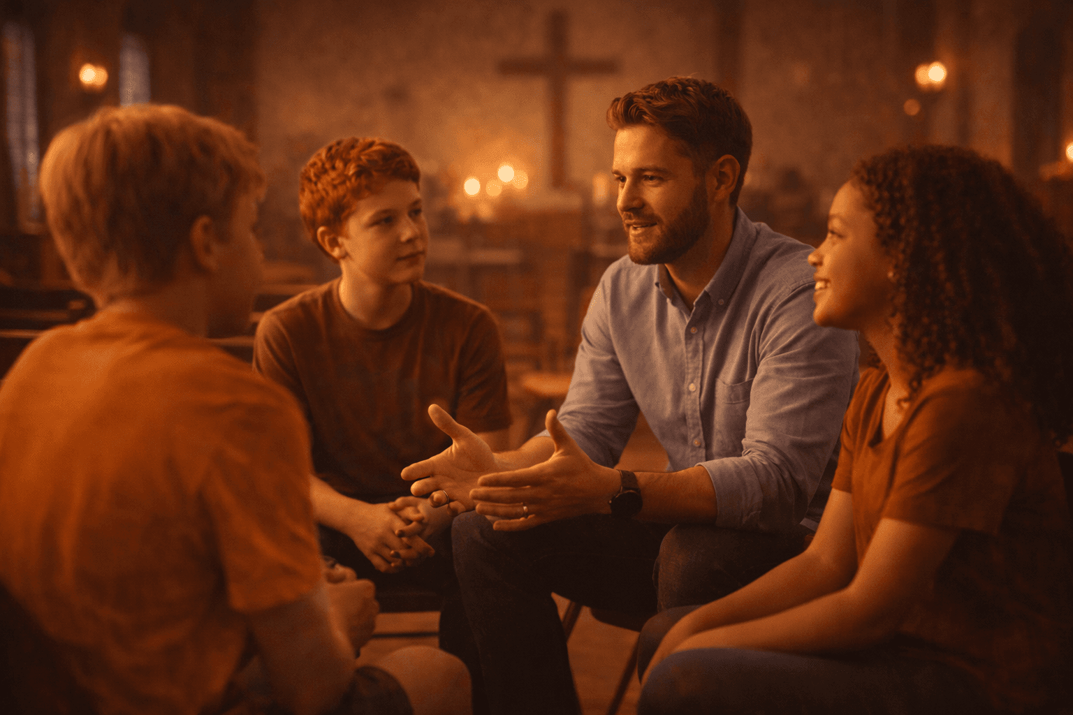 Youth leader mentoring teenagers in discussion during a church youth leadership gathering.