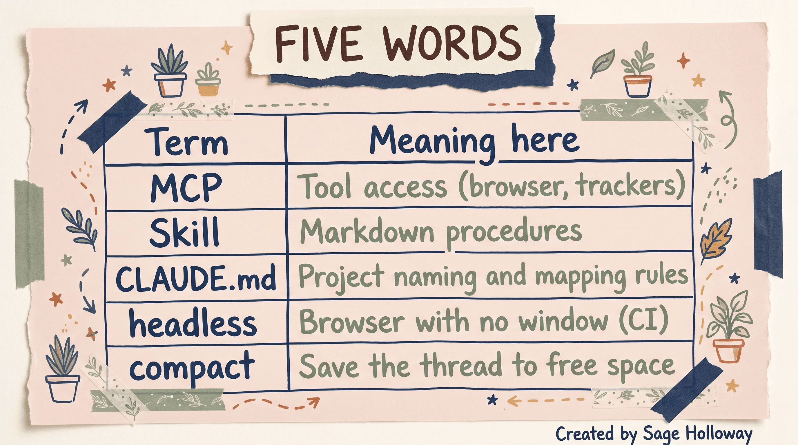 Glossary table of Claude Code QA terms: MCP, Skill, CLAUDE.md, headless, and compact