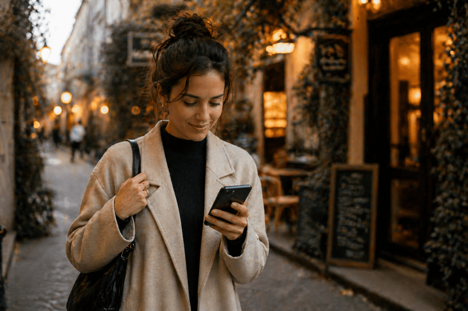 Woman looking for specials nearby on her mobile phone