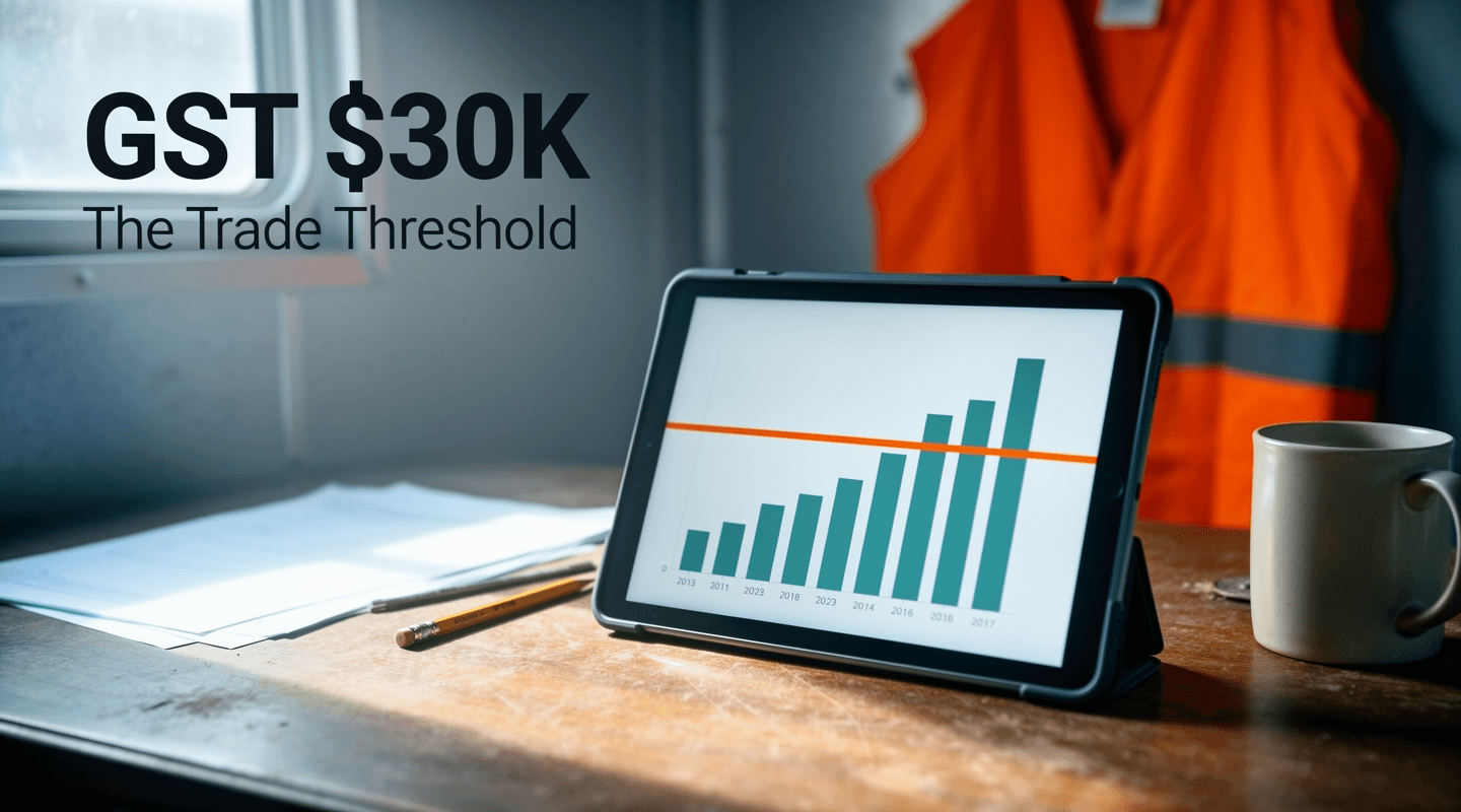 A small-trade contractor at a tablet reviewing a rolling four-quarter revenue chart with the $30,000 threshold line clearly visible