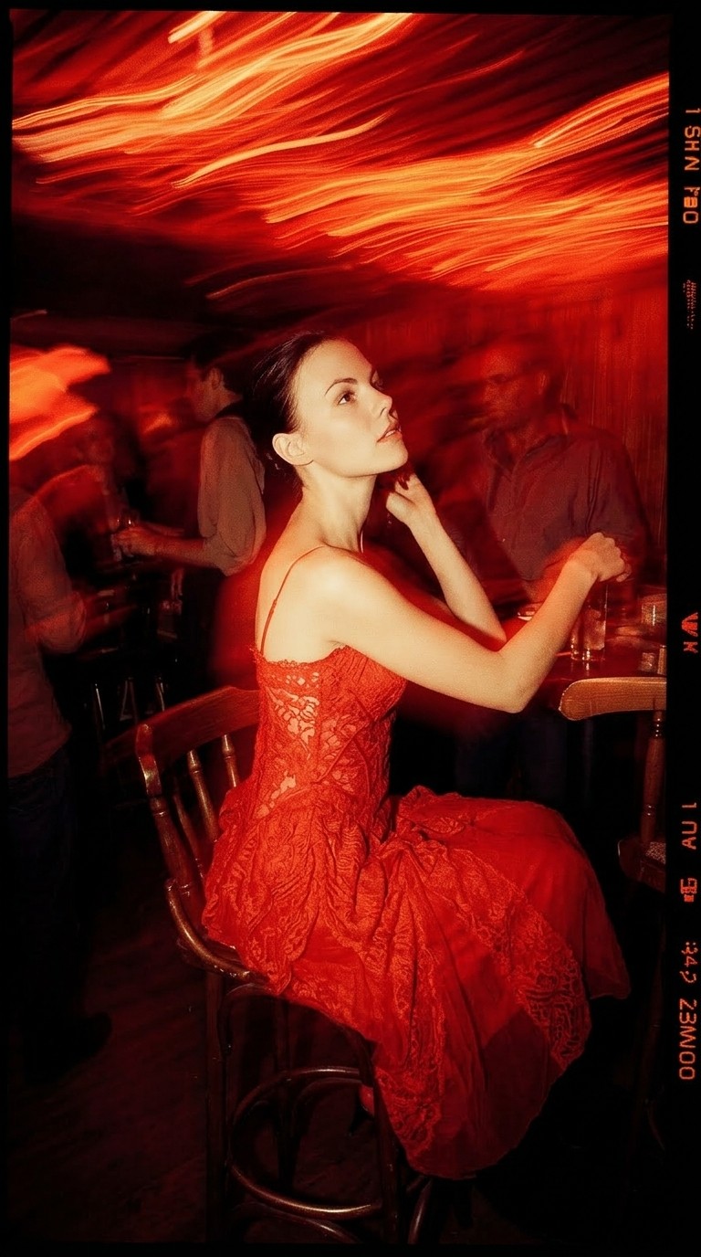 Atmospheric portrait of a woman in a red dress with heavy motion blur