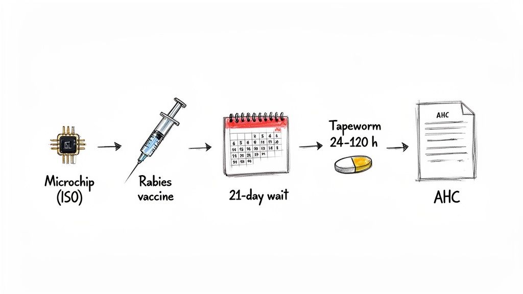 Infographic showing steps for pet travel preparation: microchip, rabies vaccine, waiting periods, deworming, and AHC.