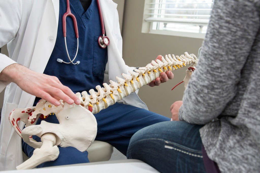 doctor reviewing a model spine with a patient