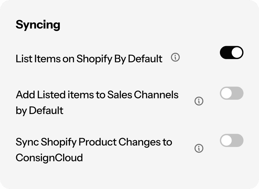 A screenshot showing the Shopify default configuration screen in ConsignCloud