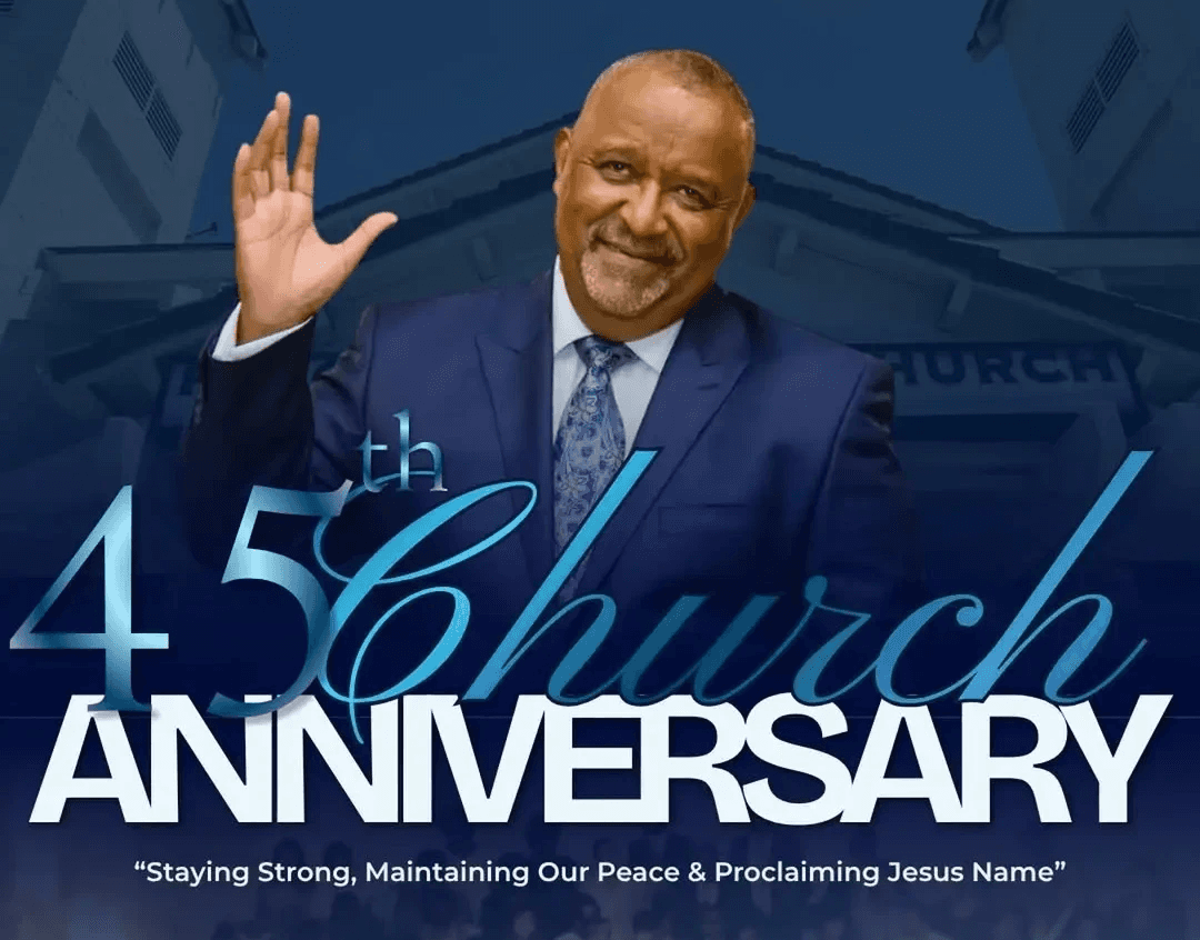 Bishop Howard A. Swancy in a navy suit waves warmly in front of a bold graphic reading "45th Church Anniversary," celebrating 45 years of Peace Apostolic Church.