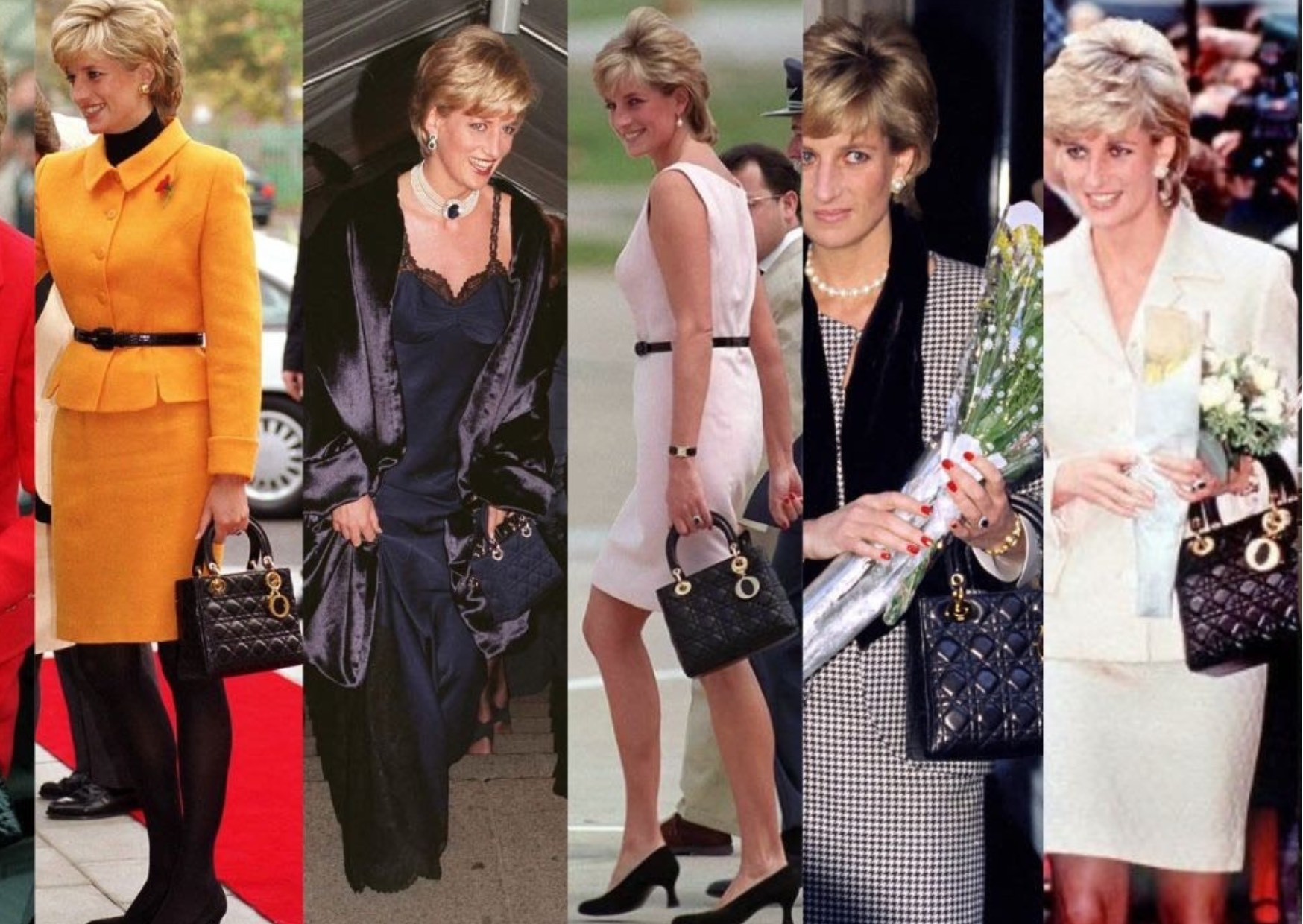 Beloved, late Princess Diana, featuring elegant jewelley and timeless fashion pieces, holding the luxurious, branded, fashionable Lady Dior bag in black in leather, exuding style and sophistication. 